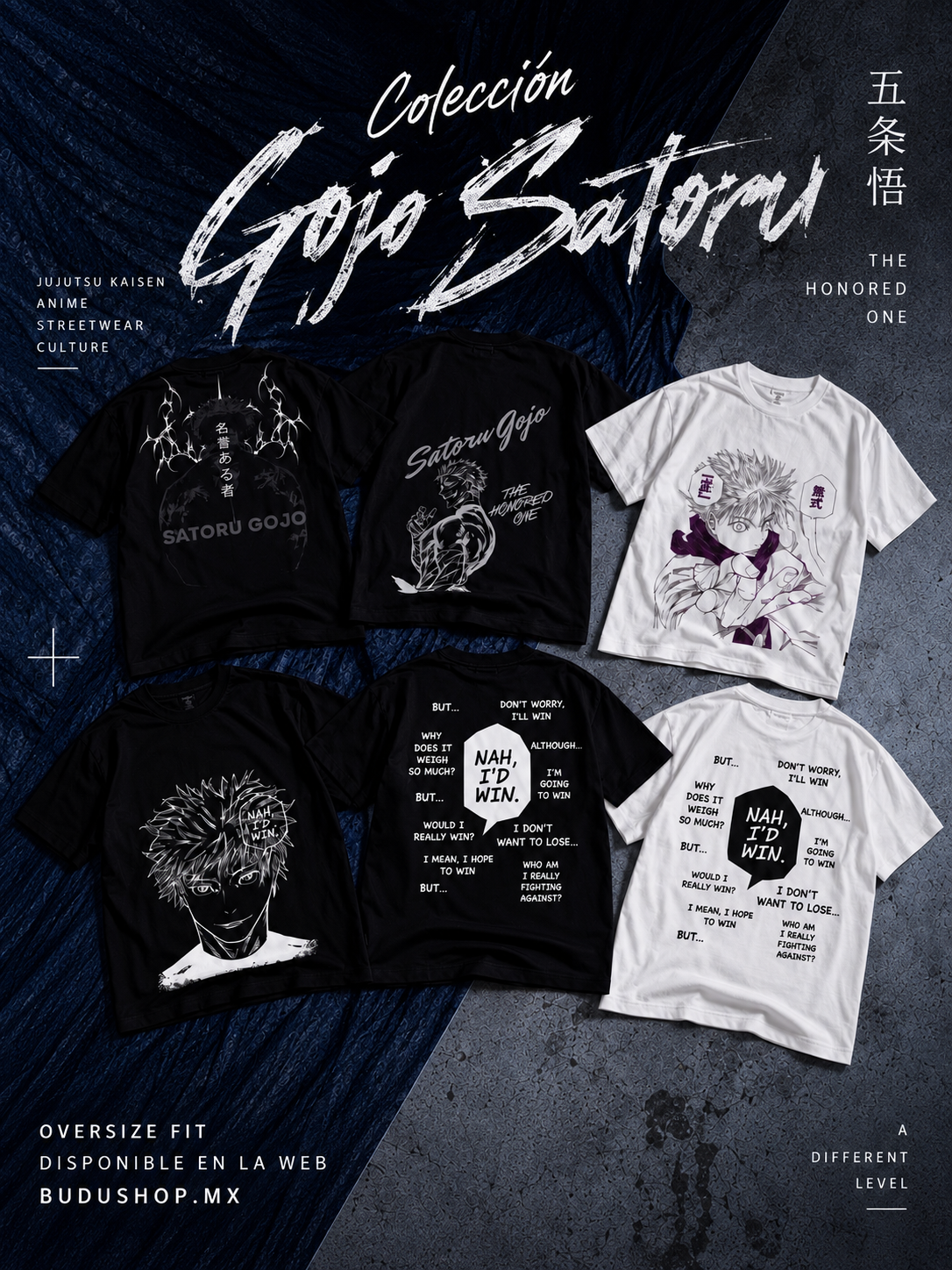 Fotografía editorial de la colección Satoru Gojo con varios modelos y diseños.